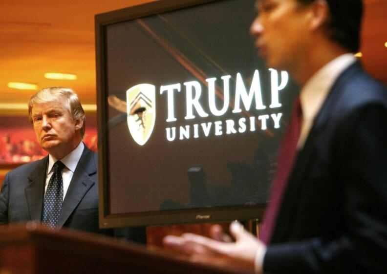 File: Donald Trump in front of his Trump University logo.