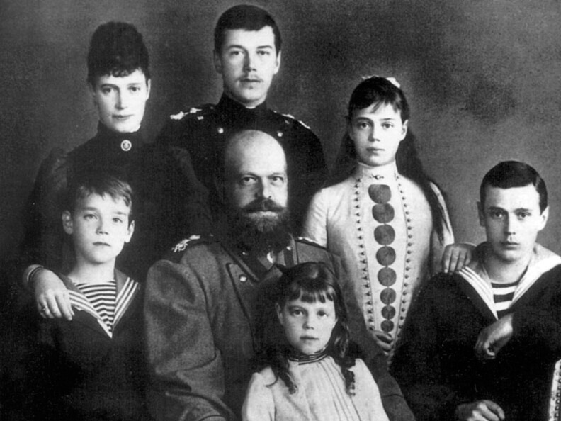 Czar Alexander III and his wife, Maria Feodorovna, posed for a photo in about 1885 with their children, including Nicholas II, the future czar, standing in back. Alexander went by the title "Emperor and Autocrat of All the Russias." His reign was conservative and repressive.