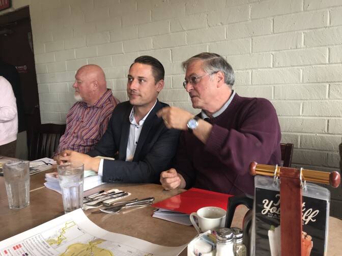 Golden State Collective director Shaun Szameit and Pasadena Mayor Terry Tornek discussed two ballot initiatives aiming to allow adult use marijuana sales in the city, March 16, 2018.  