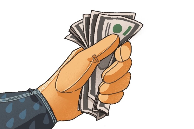 An illustration of a hand with gardening gloves on holds a wad of cash.