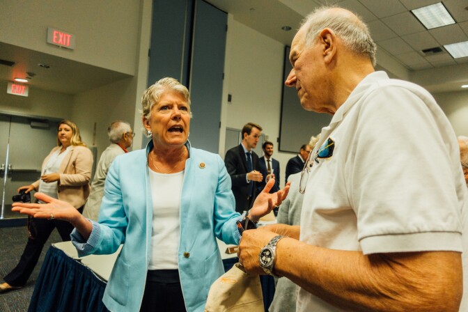 Congresswoman Julia Brownley (D-Westlake Village) speaks with attendees of a congressional field hearing on the state of the VA's long-term healthcare services.