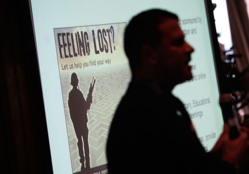NEW YORK - DECEMBER 15:  Program facilitator Dan McSweeney gives a presentation about PTSD treatment December 15, 2009 at Fort Hamilton Army Garrison in Brooklyn, New York.  The presentation and associated questionaire are part of the Military Pathways program, a free, anonymous mental health and alcohol self-assessment for troops, civilian employees, and their families.  The self-assessments are a series of questions that help establish whether respondents could benefit from talking to an available health professional.  PTSD and related mental health ailments have increased in recent years as hundreds of thousands of troops have served in the wars in Iraq and Afghanistan.  (Photo by Chris Hondros/Getty Images)