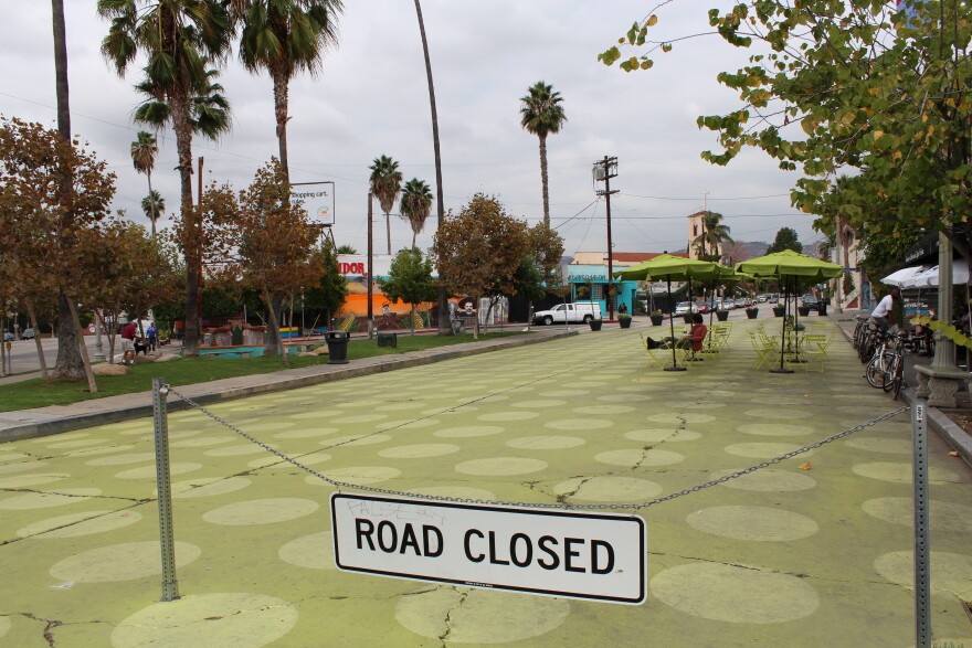 This section of Griffith Park Blvd in Silver Lake has been blocked off to traffic to create a pedestrian plaza. The Los Angeles Department of Transportation is taking applications from community groups who want something similar in their neighborhood.