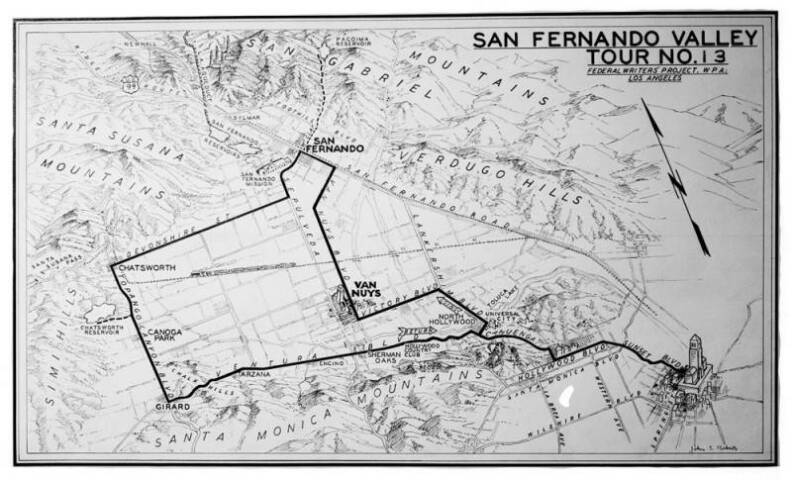 Van Nuys appears on an illustrated map of a tour through the San Fernando Valley. Map signed: John E. Roberts.