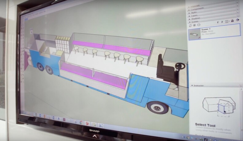 A screenshot from a YouTube video promoting RISE by "XQ: The Super School Project" shows a mock-up of the "mobile resource center," a modified coach bus that will serve as a space where the school's highly-transient population of homeless and foster youth can meet with teachers and access social services.