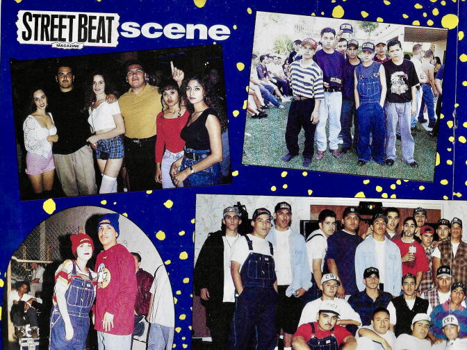 Four photos from a magazine show people posing at parties.