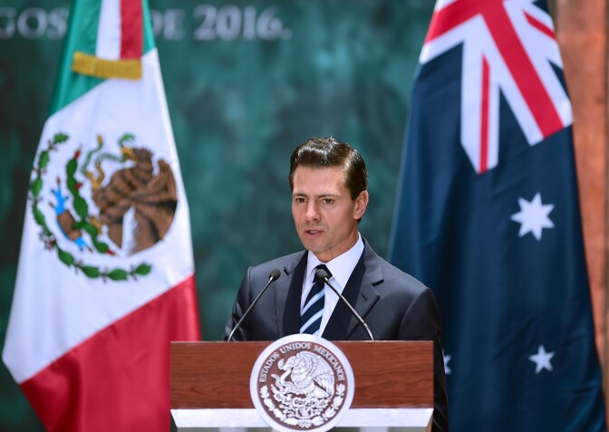 Mexican President Enrique Pena Nieto delivers a speech during the welcoming ceremony in honour of Australian Governor-General Sir Peter Cosgrove (out of frame) at the National Palace in Mexico City.