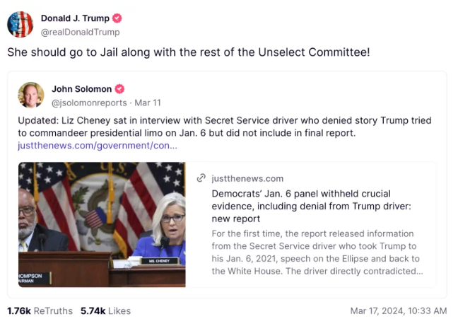 A screen shot of a tweet shows Donald Trump with the text "She should go to Jail along with the rest of the Unselect committee!"