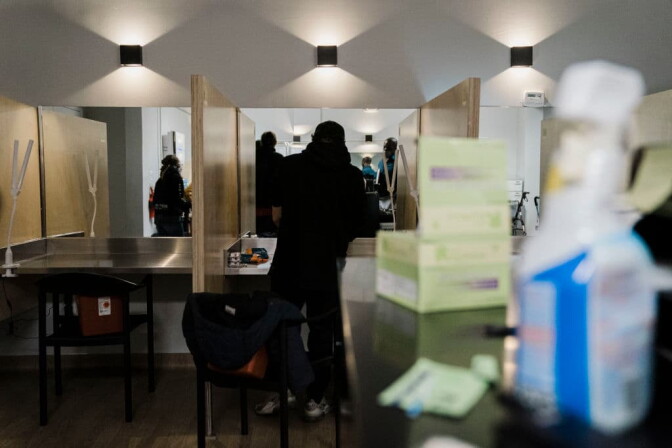 A man utilizes the narcotic consumption booths at a safe injection site at OnPoint NYC on Monday, Jan. 24, 2022 in New York, NY. In 2021, New York City opened two supervised drug injection sites in the Harlem and Washington Heights neighborhoods in an effort to address the increase in overdose deaths. (Kent Nishimura / Los Angeles Times via Getty Images)
