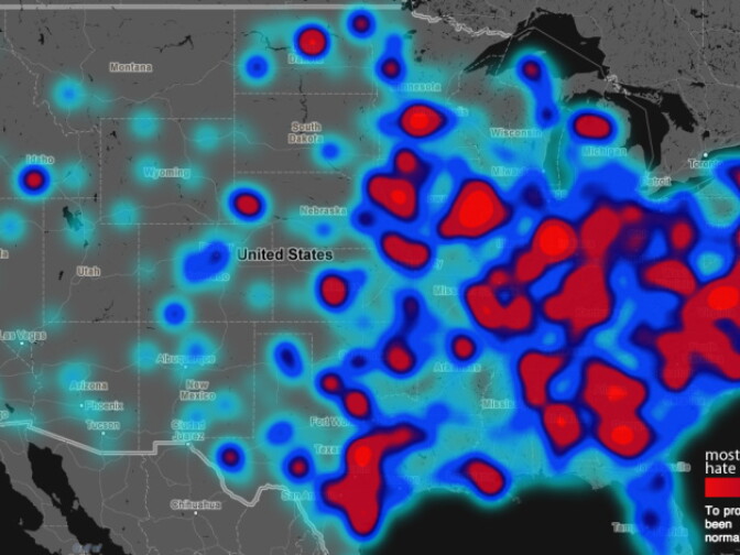 The locations of racist tweets, according to a Humboldt State University research project.