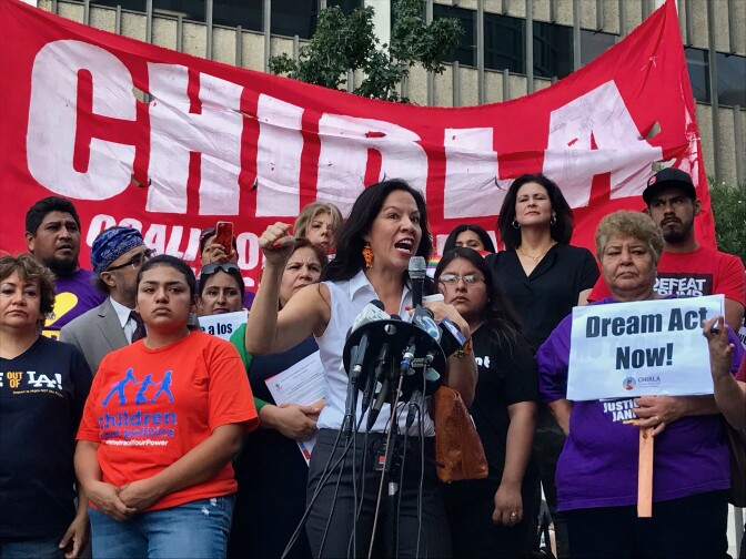 Alejandra Valles of SEIU Workers West (USWW) told rally-goers they would 'outsmart' President Trump.