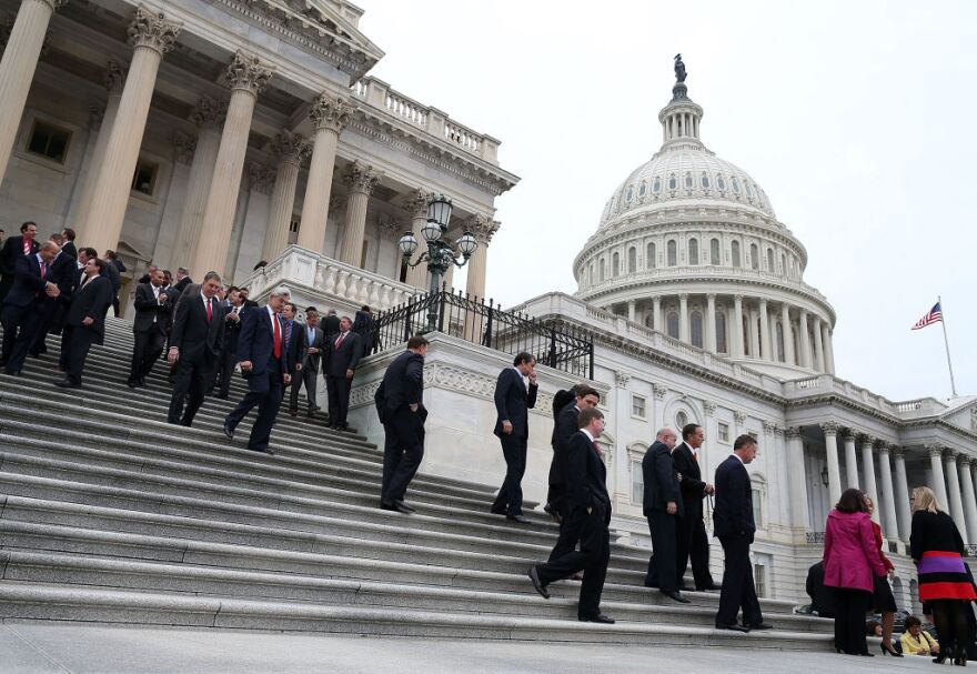 Newly elected Congressional freshmen of the 113th Congress walk away after a class picture on November 15, 2012 in Washington DC. The freshmen have arrived on Capitol Hill for orientation this week. The 109th Congress will officially begin in January, next year.  