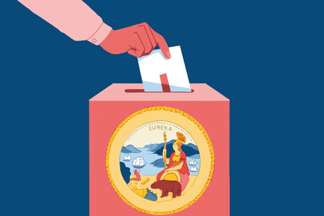 Graphic of a person's hand placing a ballot in a ballot box decorated with the California state seal
