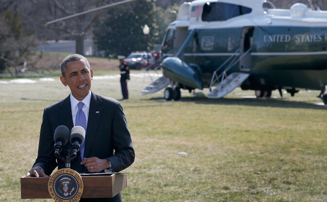 WASHINGTON, DC - MARCH 20:  U.S. President Barack Obama speaks on the South Lawn of the White House to deliver a statement on Ukraine prior to departing for Florida March 20, 2014 in Washington, DC. Obama announced he will "impose additional costs" on Russia, including further sanctions on individuals and a bank.  (Photo by Win McNamee/Getty Images)