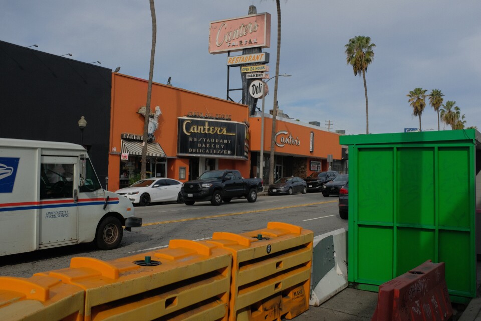 Glimpse of Canter's Deli on Fairfax from across the street where there are signs of construction 