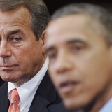 Speaker of the House John Boehner (R-OH) (L) listens as U.S. President Barack Obama speaks during a meeting with bipartisan group of congressional leaders in the Roosevelt Room of the White House on November 16, 2012 in Washington, DC. Obama and congressional leaders of both parties are meeting to reportedly discuss deficit reduction before the tax increases and automatic spending cuts go into affect in the new year. 
