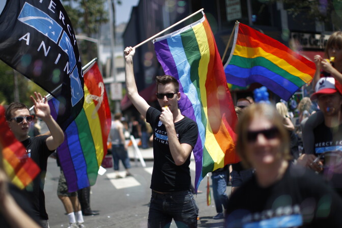 File: A man carries a rainbow flag and whistle at the LA Pride Parade on June 8, 2014 in West Hollywood, California. 