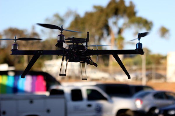 Drone flying in the parking lot of 3D Robotics. 
