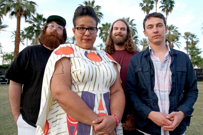 Alabama Shakes, from left, Zac Cockrell, Brittany Howard, Steve Johnson and Heath Fogg pose for a portrait at the 2015 Coachella Music and Arts Festival on Friday, April 10, 2015, in Indio, Calif. (Photo by Rich Fury/Invision/AP)