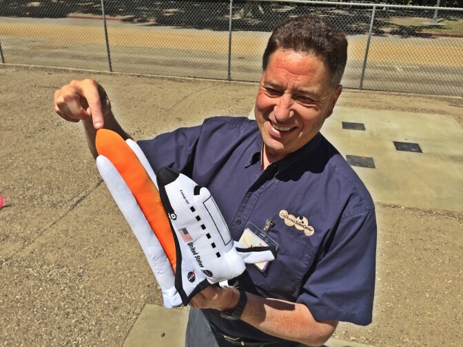 Using a toy from the California Science Center, president Jeff Rudolph shows us which part of the space shuttle exhibit arrives next, an external tank known as ET-94. It is set to arrive May 21st, after a long ocean voyage from New Orleans.
