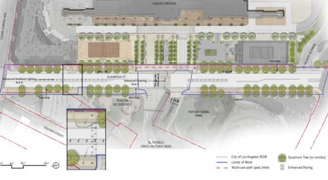 A rendering shows the proposed redesign for the front of Union Station, with a civic plaza where a parking lot is now, and a tree-lined esplanade with a biking and walking path.