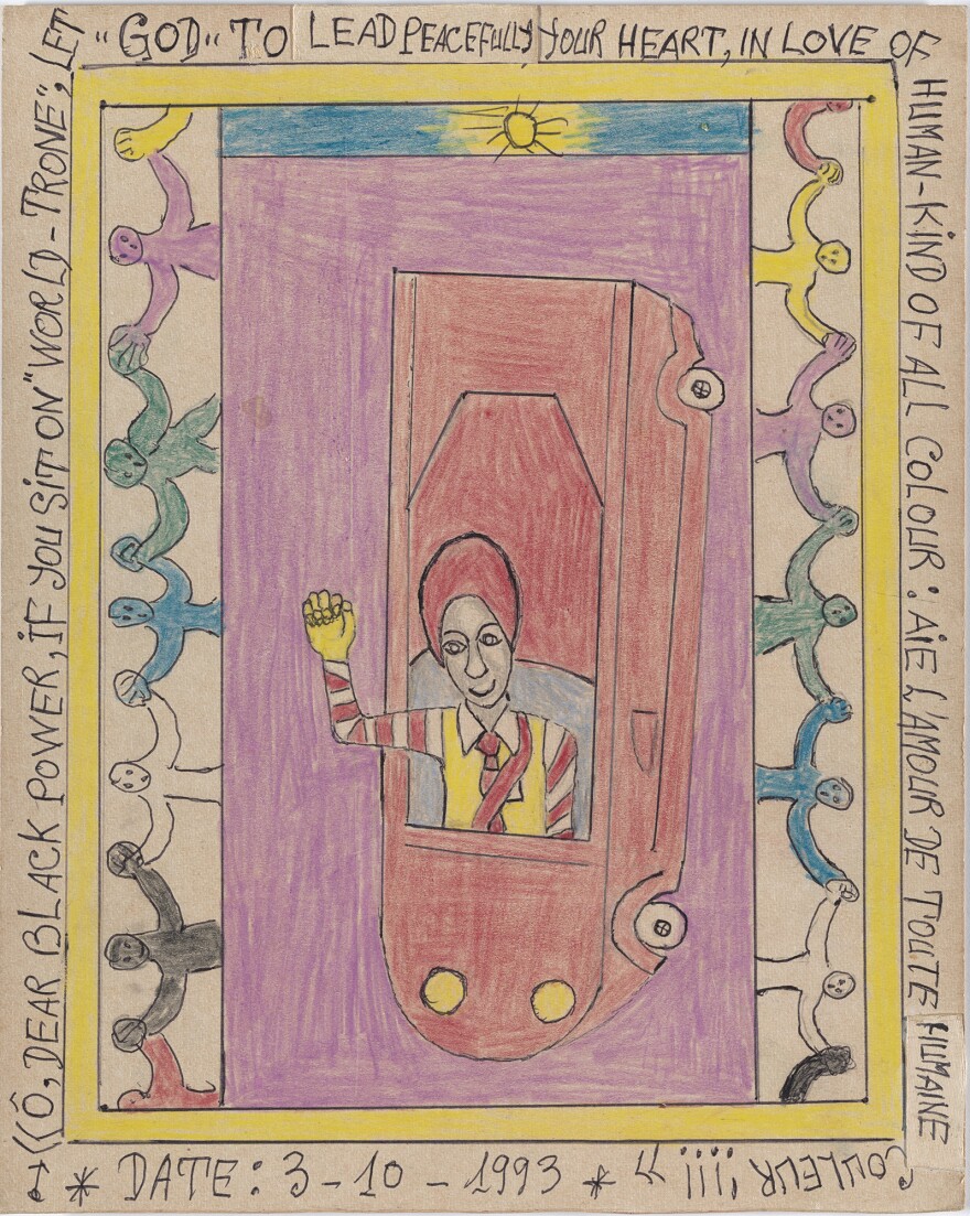 <em>"Ô, Dear black power, if you sit on 'world</em><em>‑trone,' let 'God' to lead peacefully your heart, in love of human‑kind of all color: Aie l'amour de toute humaine couleur!!!!"</em> From the series <em>Connaissance du monde,</em> 1993.