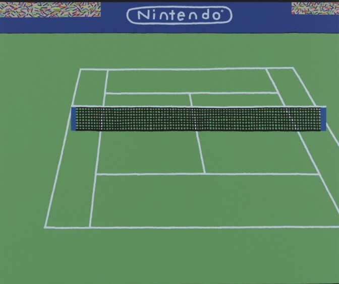 An acrylic painting of a green tennis court. 