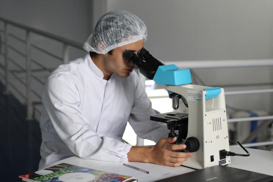 a man in a white lab coat and a white hairnet peers into a microscope