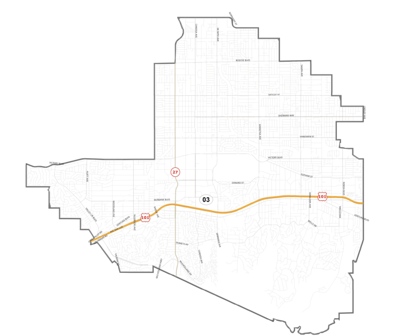 Map shows boundaries of District 3, which has the 101 running across it. Neighborhoods include all or part of the West San Fernando Valley communities of Canoga Park, Tarzana, Reseda, Winnetka, and Woodland Hills.