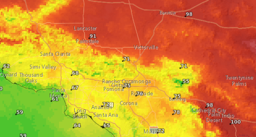 A geothermal map of SoCal in shades of orange red and yellow with white numbers over different cities.