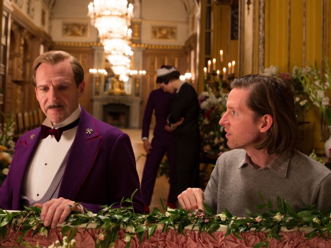Ralph Fiennes (left) with Director Wes Anderson on the set of "The Grand Budapest Hotel"