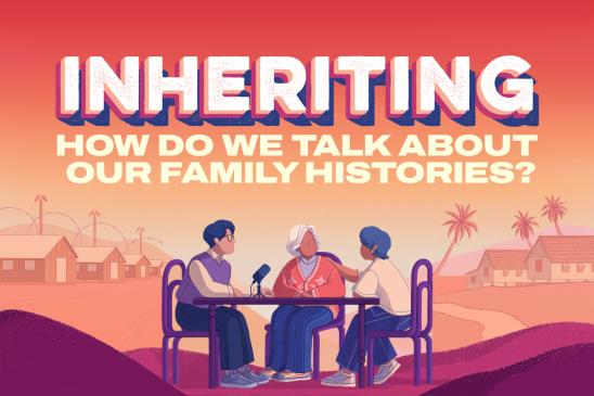 Promotional graphic that shows an orange horizon and some bunker buildings in the background with barbed wire and palm trees around them. In the foreground, three people sit at a table with a microphone. The overlaying text reads, "Inheriting: How Do We Talk About Our Family Histories?"