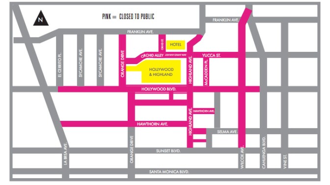 Hollywood Boulevard will be closed between Highland Avenue and Orange Drive beginning at 10 p.m. on Sunday, February 15, and remain closed until 6 a.m. on Tuesday, February 24.
