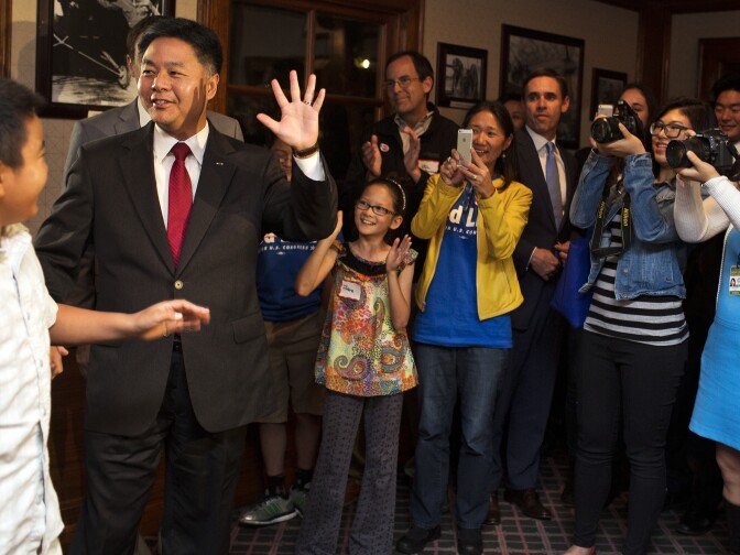 Congressional district 33 candidate Ted Lieu arrives to his election night party at the Proud Bird in Westchester on Tuesday night, Nov. 4, 2014.