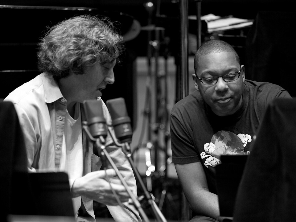 Director Dan Pritzker (left) and Wynton Marsalis discussing the music of <em>Bolden</em>.