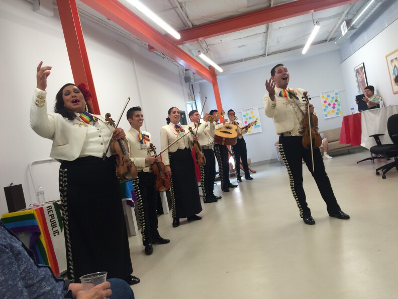 Mariachi Arcoiris de Los Angeles, an all-LGBT band, sings at the opening celebration of Mi Centro. The location is a new outpost in Boyle Heights as a collaboration between the Los Angeles LGBT Center and the Latino Equality Alliance.