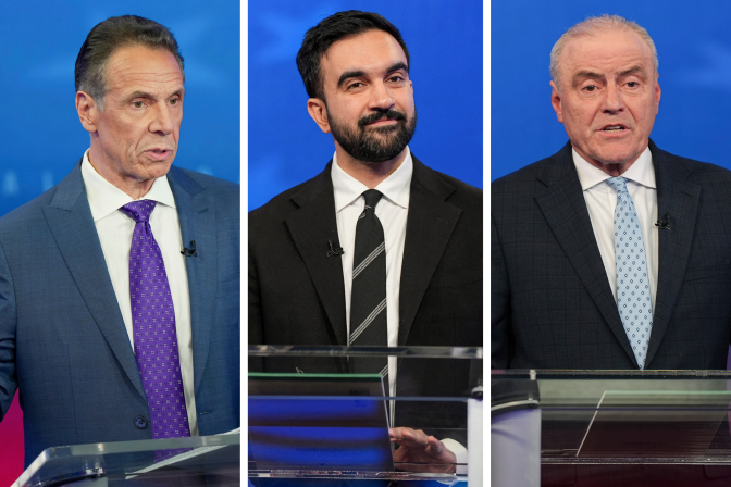 A triptych shows, from left: Andrew Cuomo, Zohran Mamdani and Curtis Sliwa 