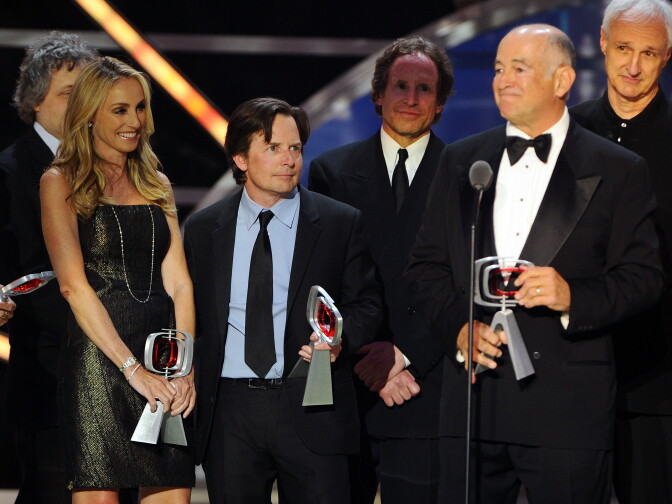 (L- R) Tracy Pollan, Michael J. Fox, , Gary David Goldberg, and Michael Gross of the cast and crew of "Family Ties" accept the Fan Favorite Award onstage at the 9th Annual TV Land Awards at the Javits Center on April 10, 2011 in New York City.