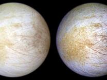 Two views of Jupiter's ice-covered satellite, Europa. The left image shows the approximate natural color appearance of Europa. The image on the right is a false-color composite to enhance color differences in the predominantly water-ice crust of Europa. 