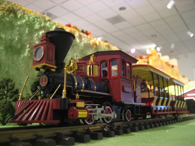 The holiday model railroad display at the Nixon Library includes all sorts of toy trains.