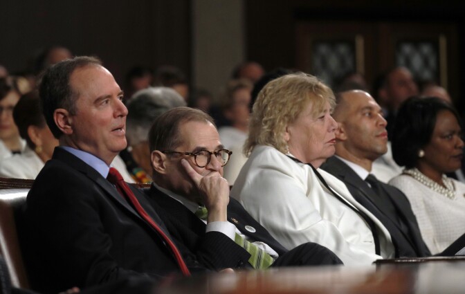 WASHINGTON, DC - FEBRUARY 04:  U.S. House impeachment managers Adam Schiff (D-CA) and Jerry Nadler (D-NY) listen to President Donald Trump deliver the State of the Union address in the House chamber on February 4, 2020 in Washington, DC. Trump is delivering his third State of the Union address on the night before the U.S. Senate is set to vote in his impeachment trial. (Photo by Leah Millis-Pool/Getty Images)