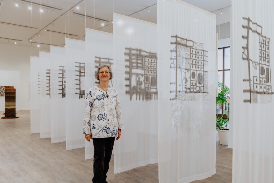 A woman with light skin tone, short salt-and-pepper hair, and reading glasses stands before a series of long, translucent white cloths that are hanging from the ceiling. Each cloth has a different aerial view of the Willowbrook area.