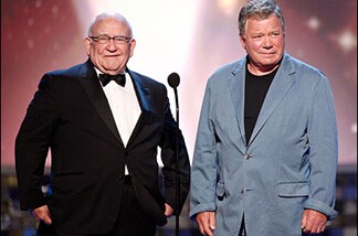Canadian actor William Shatner (R) and Ed Asner onstage during the 2008 TV Land Awards in Santa Monica, California.