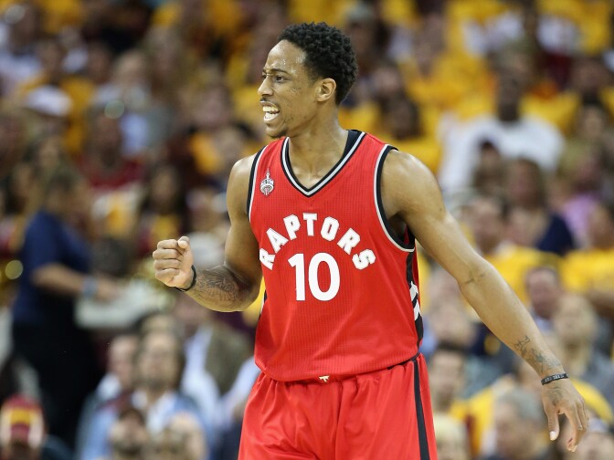 CLEVELAND, OH - MAY 19:  DeMar DeRozan #10 of the Toronto Raptors reacts during the first half against the Cleveland Cavaliers in game two of the Eastern Conference Finals during the 2016 NBA Playoffs at Quicken Loans Arena on May 19, 2016 in Cleveland, Ohio.  (Photo by Andy Lyons/Getty Images)