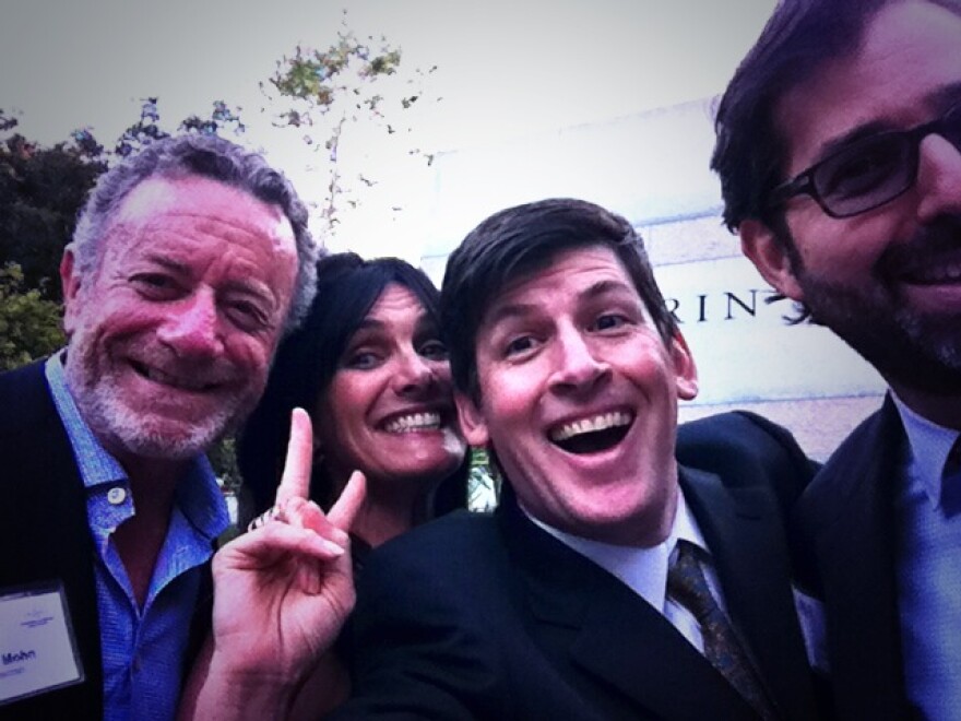 New NPR President Jarl Mohn, with KPCC's Stephanie O'Neill and John Rabe, and NPR's David Folkenflik.