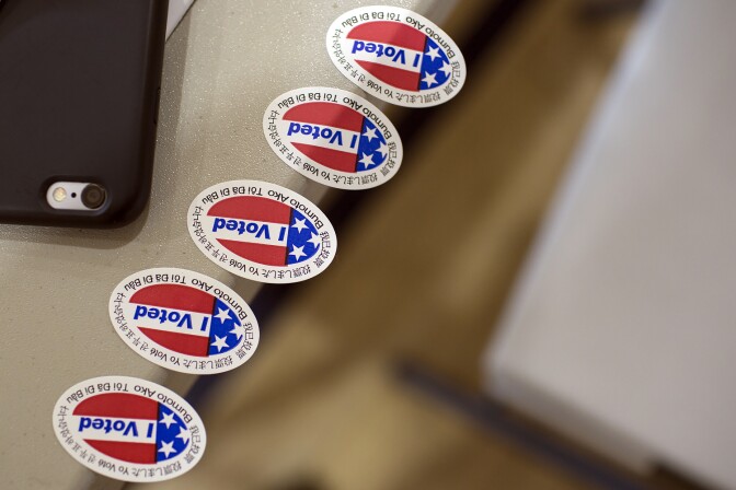 Stickers are lined up for voters at a polling place inside Barrio Action Youth & Family Center in El Sereno on Tuesday afternoon, June 7, 2016 during the California primary election.