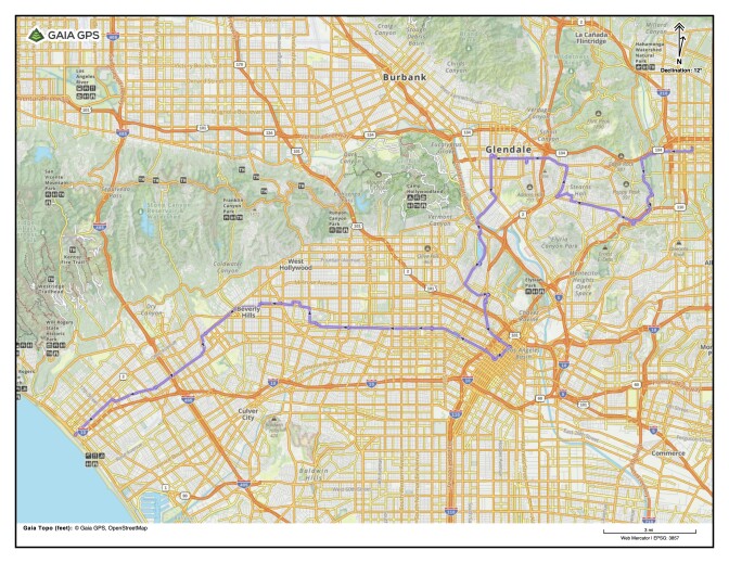 A map of Los Angeles with a purple line connecting Pasadena to Santa Monica through different communities in between