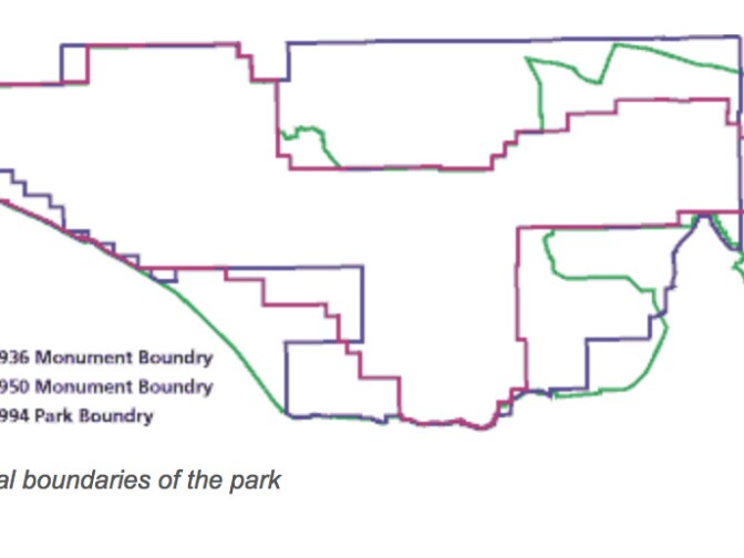 The boundaries of Joshua Tree National Monument, now National Park, have changed significantly over time. The original 1936 boundary was the largest. It was cut by a third in 1950. Some of the acreage was restored in 1994, when the monument became a national park.