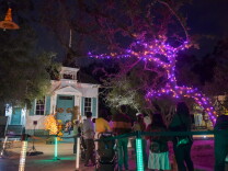 An old house decorated for Halloween with purple and orange lights with people milling out front. 