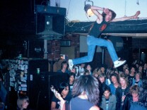 Stage-diver Toby ‘Rage’ Staniford gets airborne at a Death Angel show at Ruthie’s Inn, Berkeley 1985 